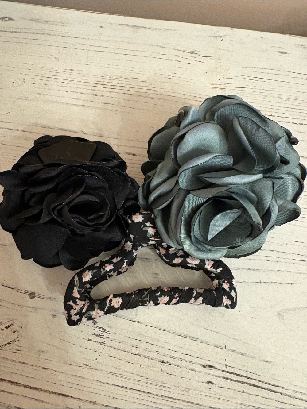 Anthropologie Satin Floral Hair Clips in Black and Sage